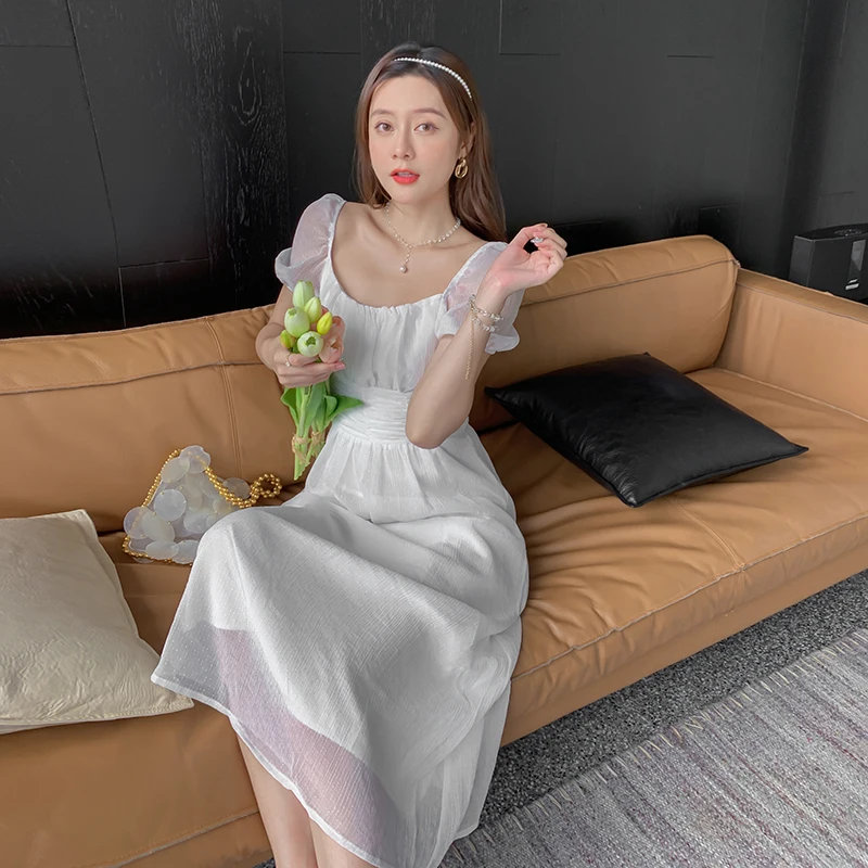 

Summer 2021 Elegant Vintage Korean Casual Party Night Honeymoon Vacation Runway Vestidos Women Chiffon Long Dresses