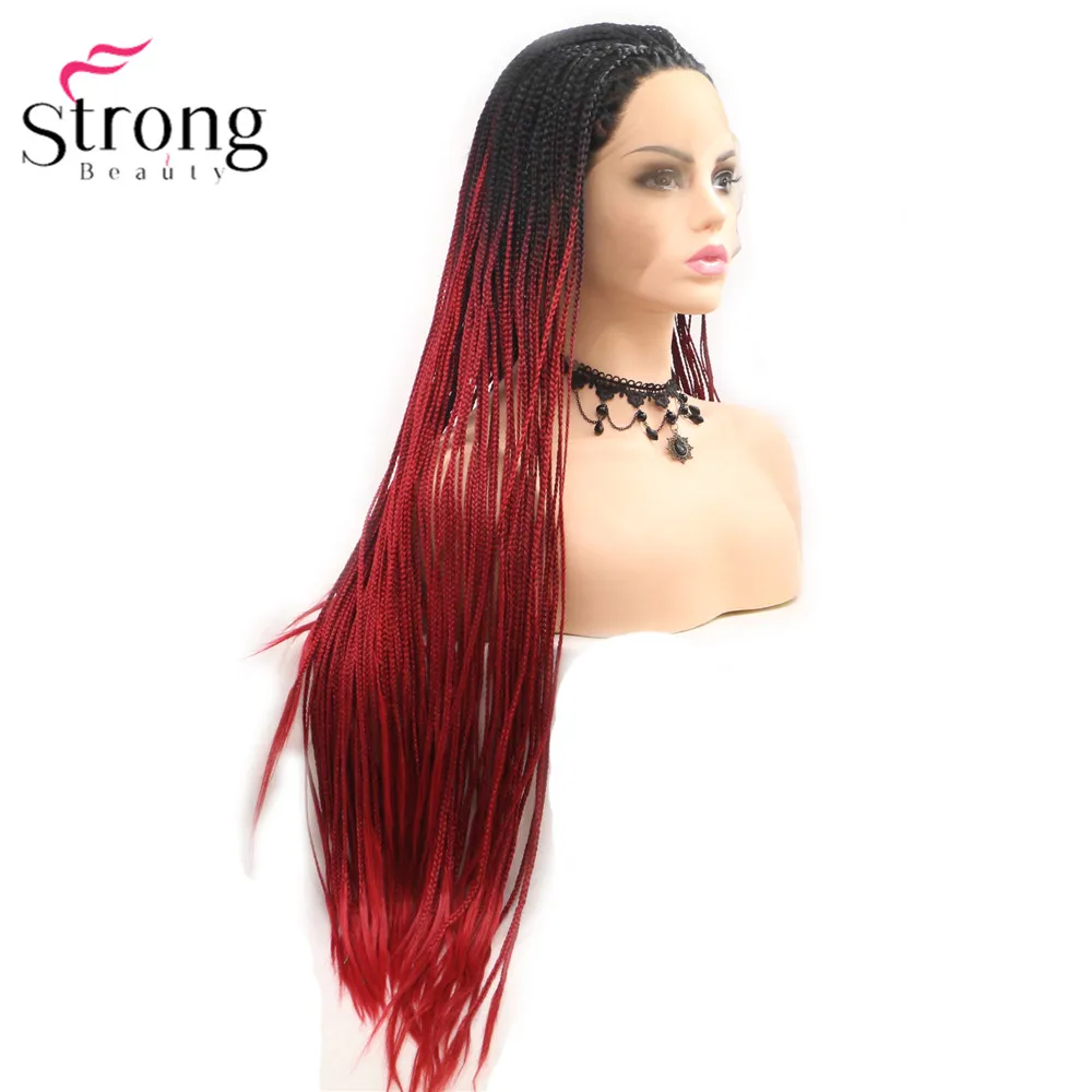StrongBeauty коробка коса Кружева спереди длинный черный парик Омбре Синтетический Плетеный ящик косы парики для женщин