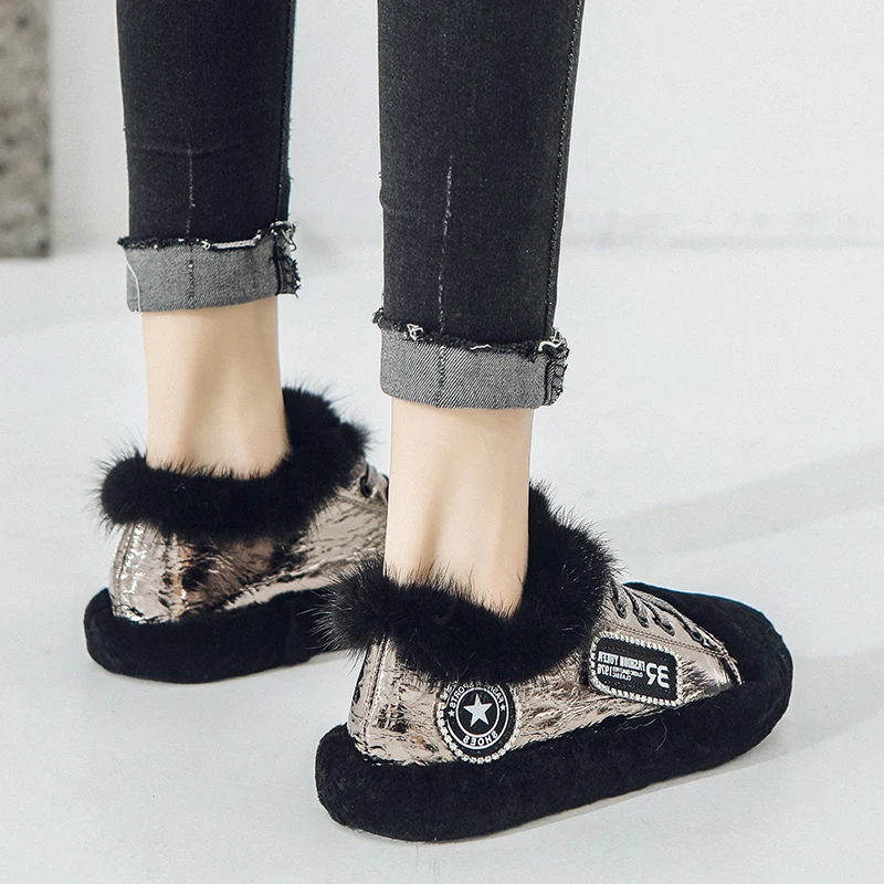 

Womens Real Mink Fur Round Toe Bling Flats Warm Winter Snow Shoes Skateboard Zapatos De Mujer New2022