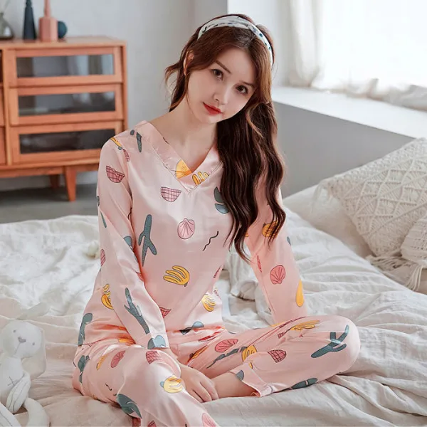

Silk Sexy Set Silk Autumn And Winter Two-Piece Student Satin Pajamas Women'S Summer Thin Silk Long Sleeve Spring And Autumn Ice