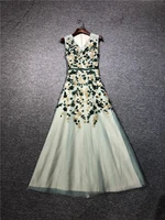 green and gold color heavy beads real photos a line v neck sleeveless floor length party prom dancing women evening dresses gown
