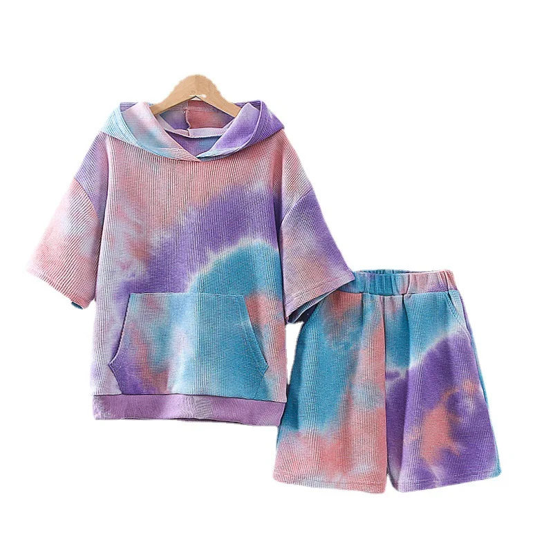 Childrens Hooded Clothes Suits Cotton 2-piece Sets Girls T-shirt + Shorts Kids Purple Tie Dye Clothes Teen Tennis Sportswear