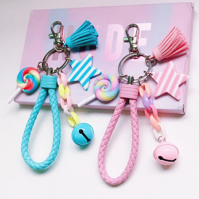 

Cute Rainbow Key Chain Leather Strap Braided Rope Tassel Key Ring for Women Girl Bell Star Lollipop Bag Charms Pendant