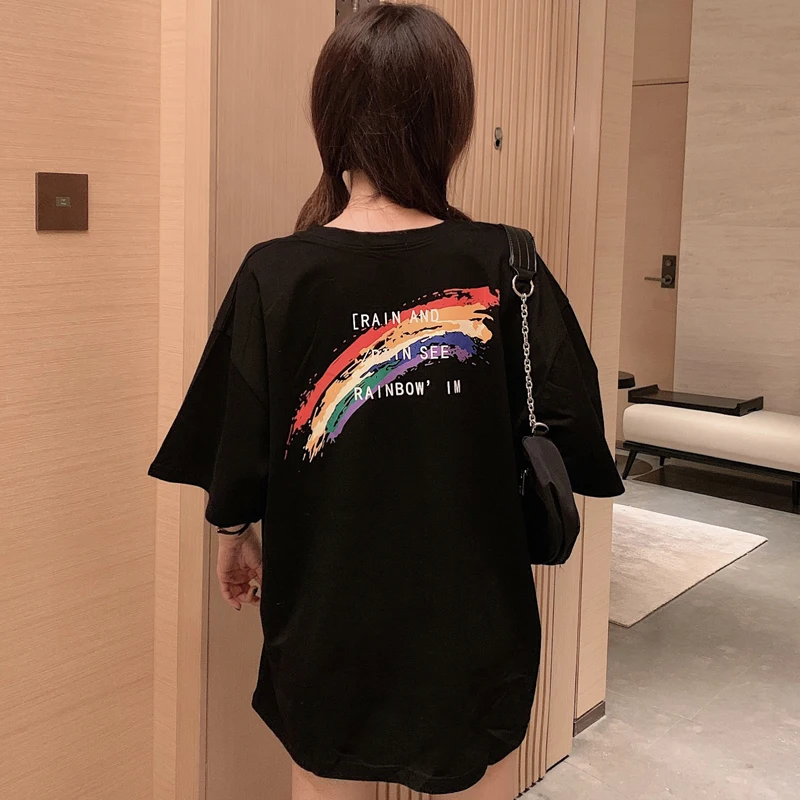 

New Summer Rainbow Print Short Sleeve T-shirt Harajuku Casual Vintage Top Fashion Tshirt Tee Aesthetic Black Top Female T Shirts