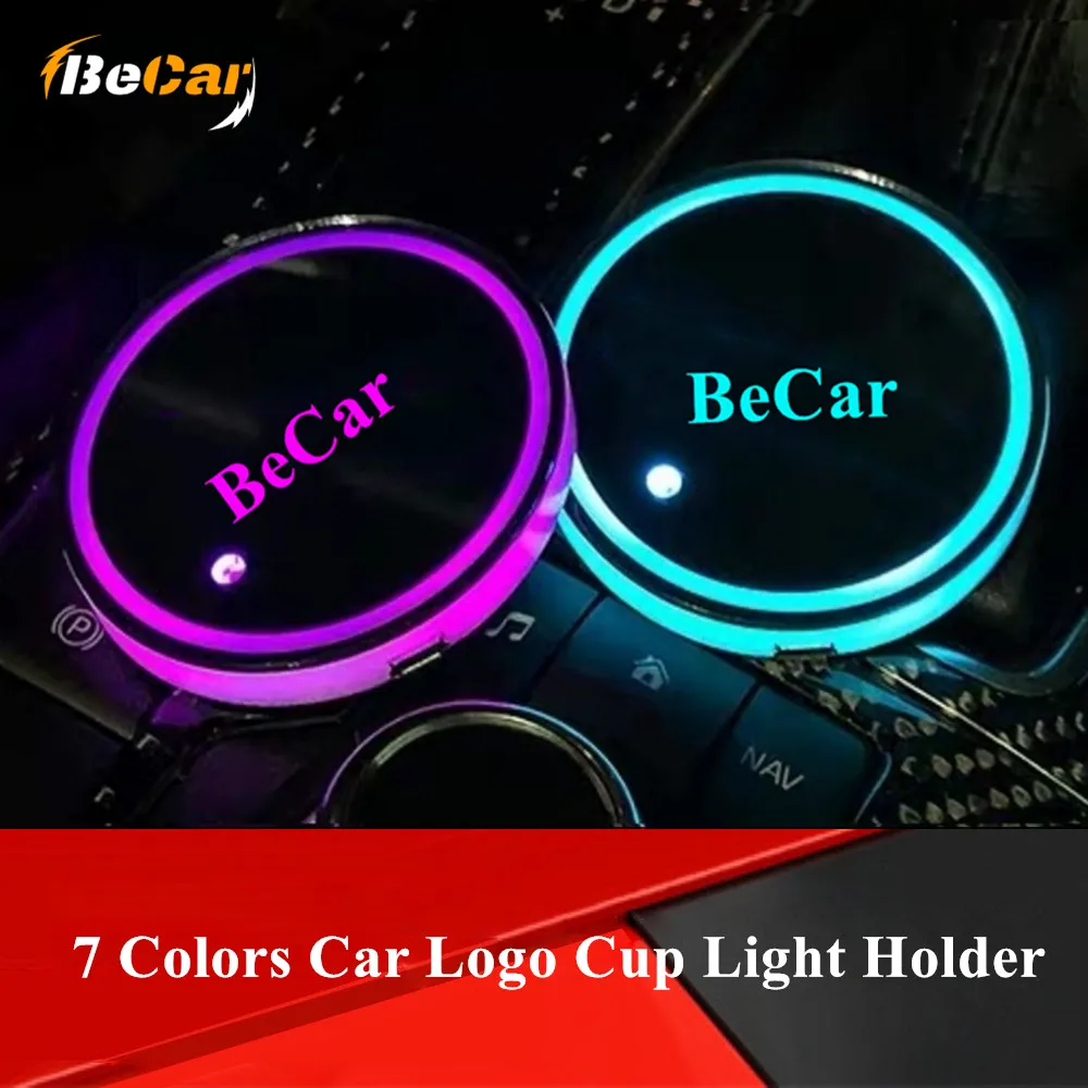 

BECAR IP76 Waterproof Car Logo Cup Led Pad Mats Lights 7 Colors Bottle Coasters Car LED Atmosphere Light Cup Holder USB Charging