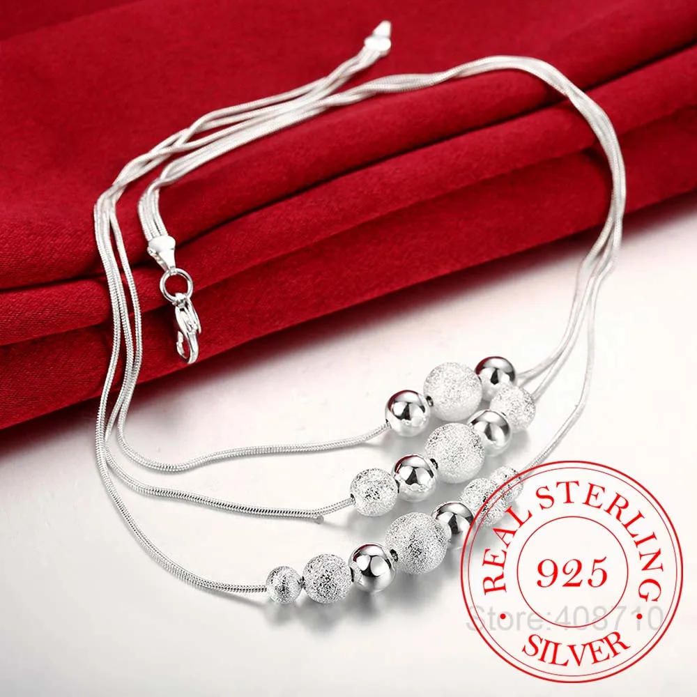 

New Charm 925 Sterling Silver Jewelry Classic High-quality Fashion Three Layer Chain Light Sand Beads Necklace Collares
