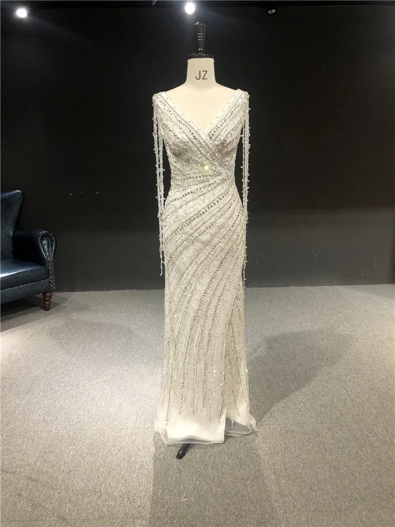 

100%Real Picture Silver Luxurious Beads Sleeveless Mermaid Floor Length Prom Formal Women Dance Dress Bridal Evening Dresses