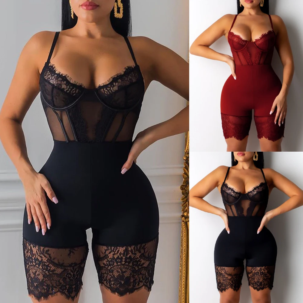 

Sexy Lace Patchwork Spaghetti Strap Jumpsuits Women Off Shoulder Sleeveless Elegant Bodycon Bandage Club Party Short Playsuits
