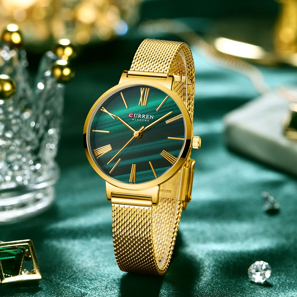 

CURREN Fashion Luxury Watches for Women Malachite Green Quartz Dress Bracelet Wristwatch with Leather Female Clock