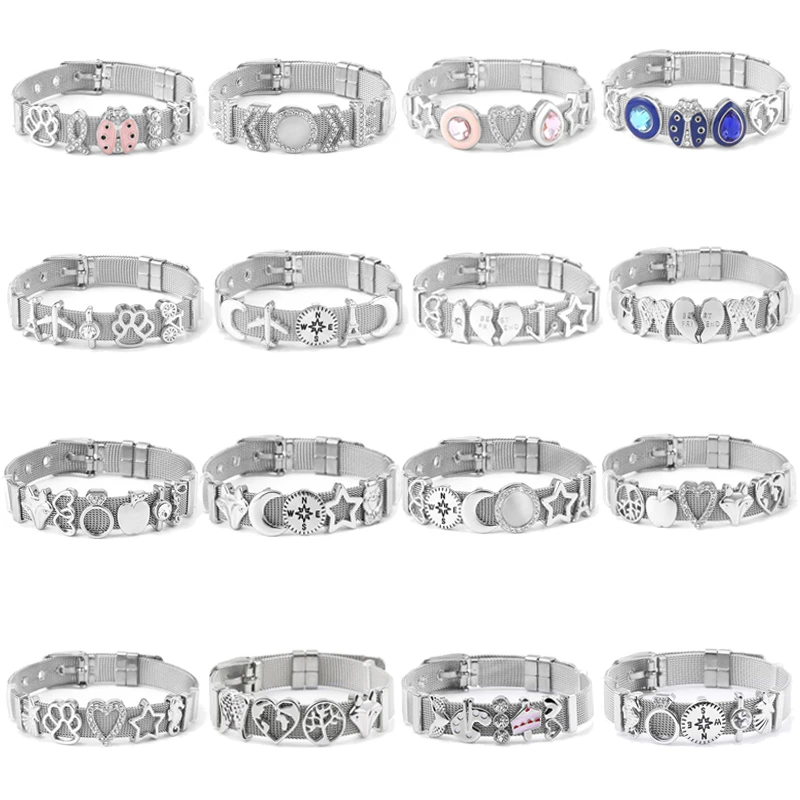 

Silver Plated 10mm Stainless Steel Keeper Mesh Bracelet Set With Shinning Crown Charms Slide Bads For Women Jewelry Gift