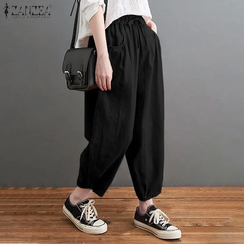 

Женские винтажные шаровары ZANZEA с эластичным поясом, однотонные длинные брюки, повседневные мешковатые хлопковые брюки, летние большие разм...