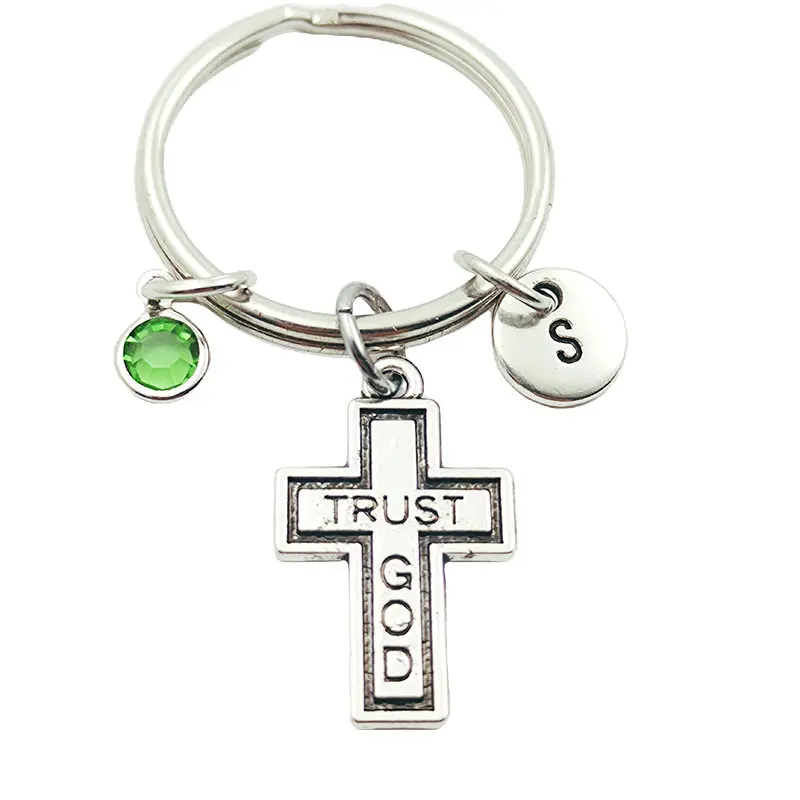 

Jesus Cross Trust God Initial Letter Monogram Birthstone Keychains Keyrings Creative Fashion Jewelry Women Gifts Accessories