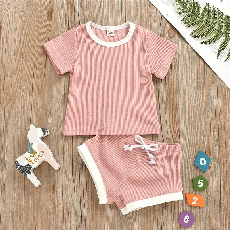

2pcs/Set Baby Girls Clothing Set O Neck Pullover Short Sleeves Tops Lace Up Shorts Pants Solid Infant Summer Clothes