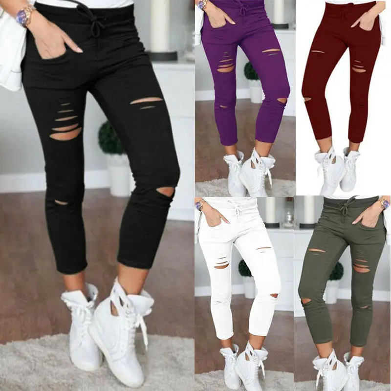 

2019 Hot Sale Women Skinny Ripped Holes Leggings Casual Hole Jeans Pants Leggings High Waist Stretch Slim Pencil Trousers
