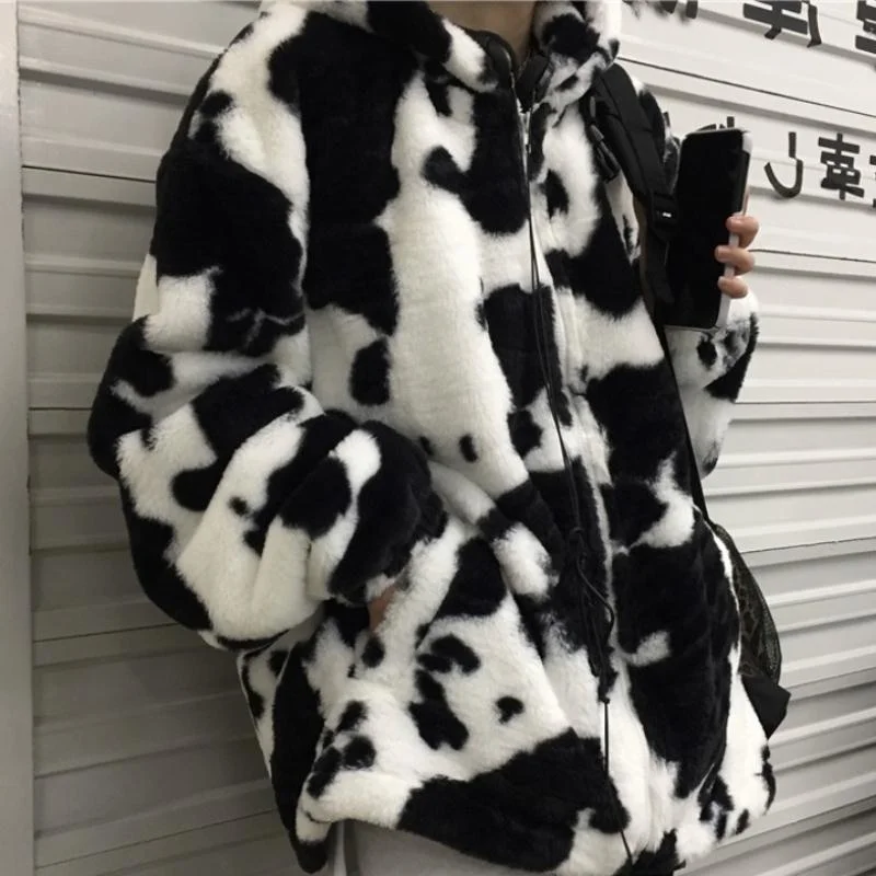winter women fleece jackets furry teddy coat women harajuku milk cow print faux fur jacket vintage hip hop warm streetwear free global shipping