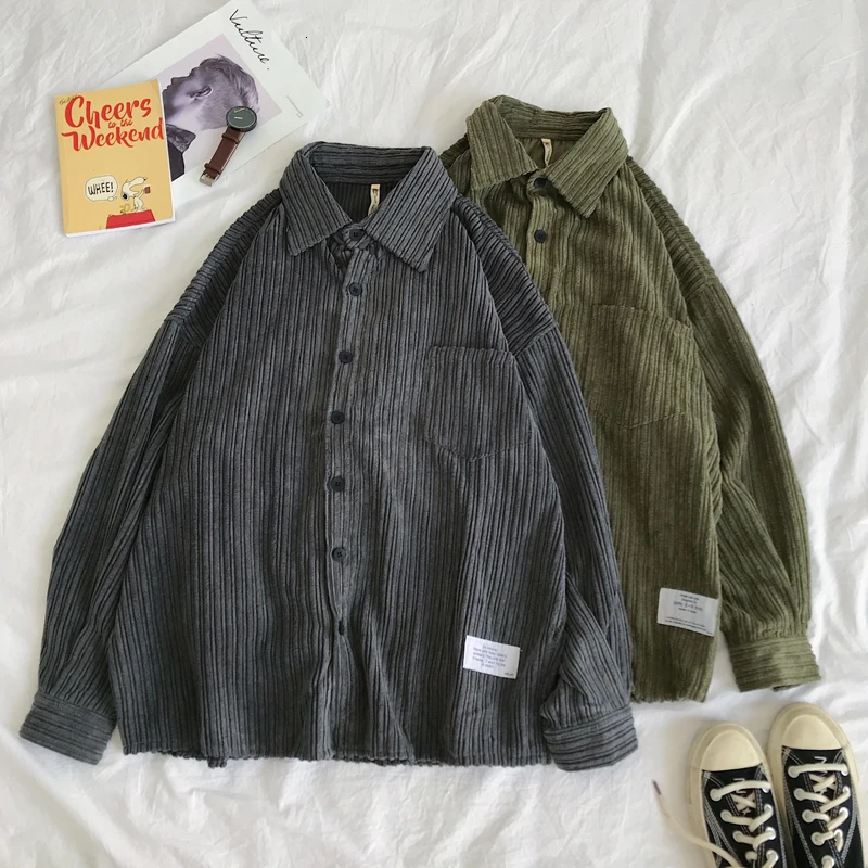 Мужская Вельветовая рубашка модная повседневная Однотонная в стиле ретро