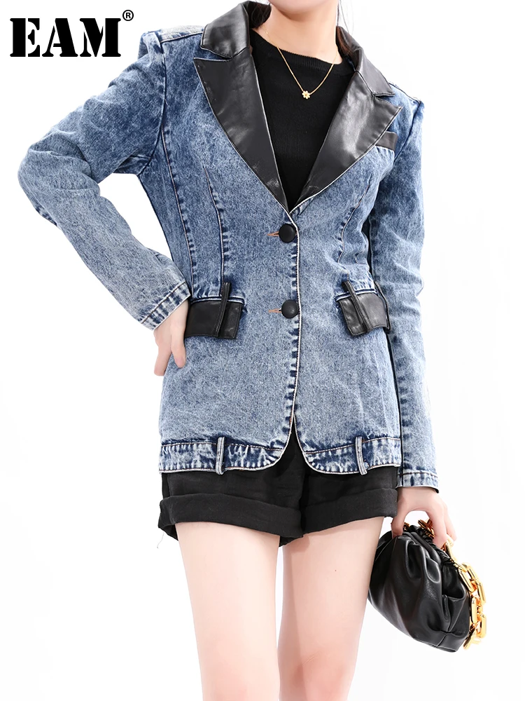 

[EAM] Women Blue Pu Leather Denim Blazer New Notched Long Sleeve Loose Fit Jacket Fashion Tide Spring Autumn 2021 1DD228605