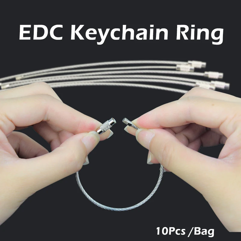 

10 pcs Hang Wire Chain Tag Screw Luggage Rope EDC Keyring Loop Circle Bushcraft Kit Lock Gadget Ring Keychain Tool Steel Cable