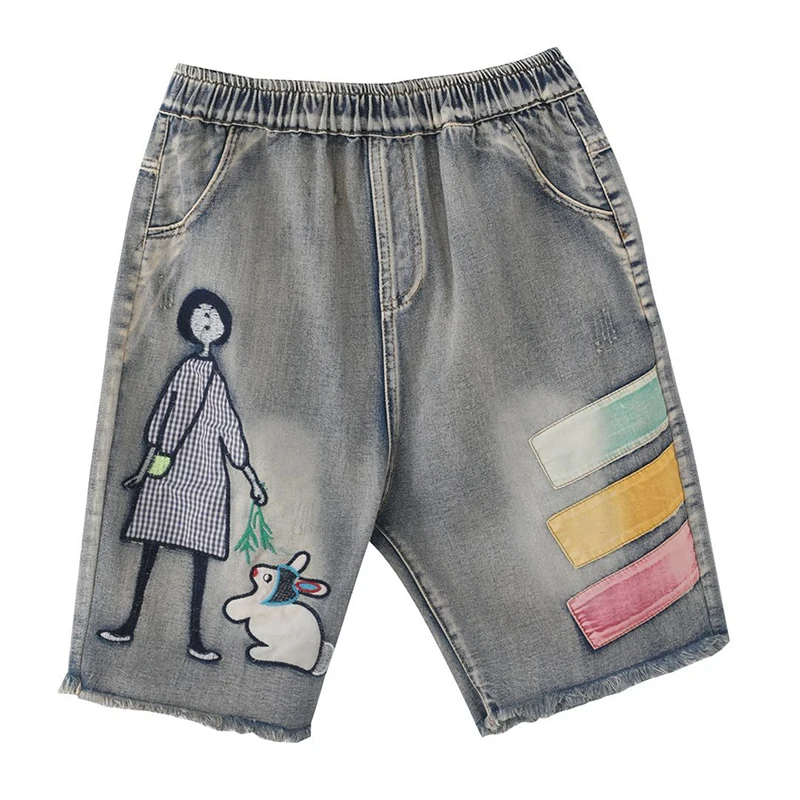 

Women Summer Streetwear Elastic High Waist Cartoon Embroidery Cute Korean Style Lady Female Oversized Loose Denim Shorts