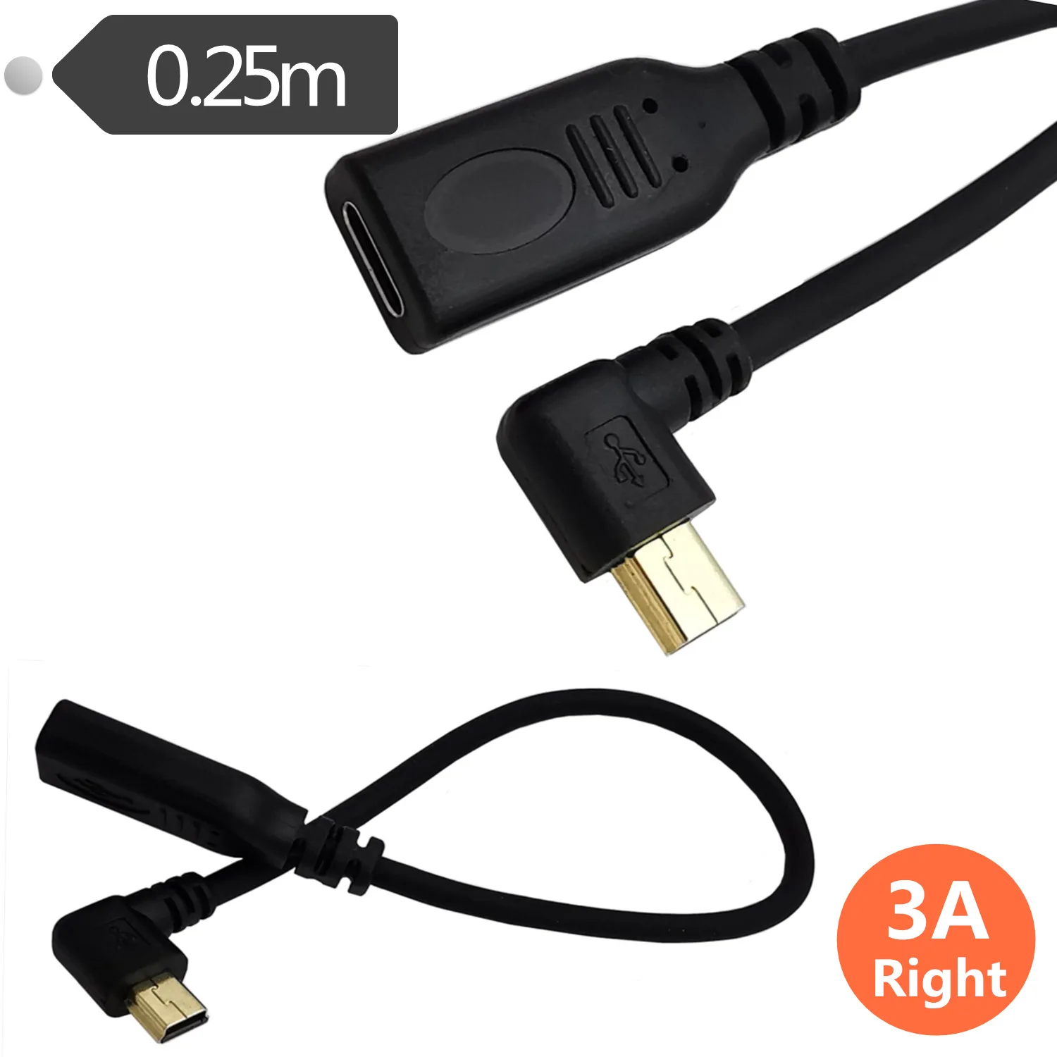 Золотая позолотой кабель USB-C Type C на Mini USB вверх вниз влево вправо 90 градусов 0,25 м женский мужской.