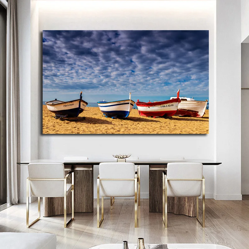 

Modern Large Size Landscape Poster Wall Art Canvas Painting Boat Beach Picture HD Printing For Living Room Bedroom Decoration