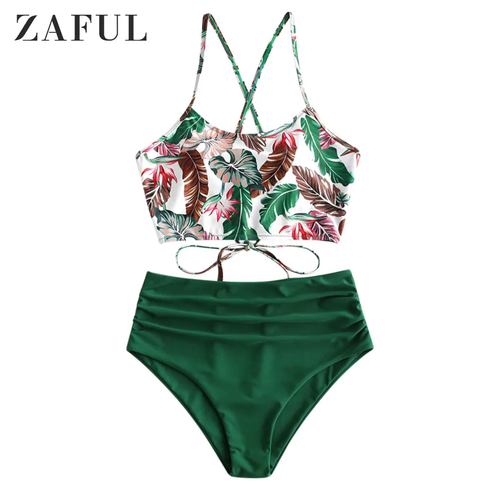 

ZAFUL Sexy Women Swimwear Leaf Print Lace-Up Ruched Tankini Swimsuit Bikini Set Bathing Suits Wire Free Swimsuit Beach Suits