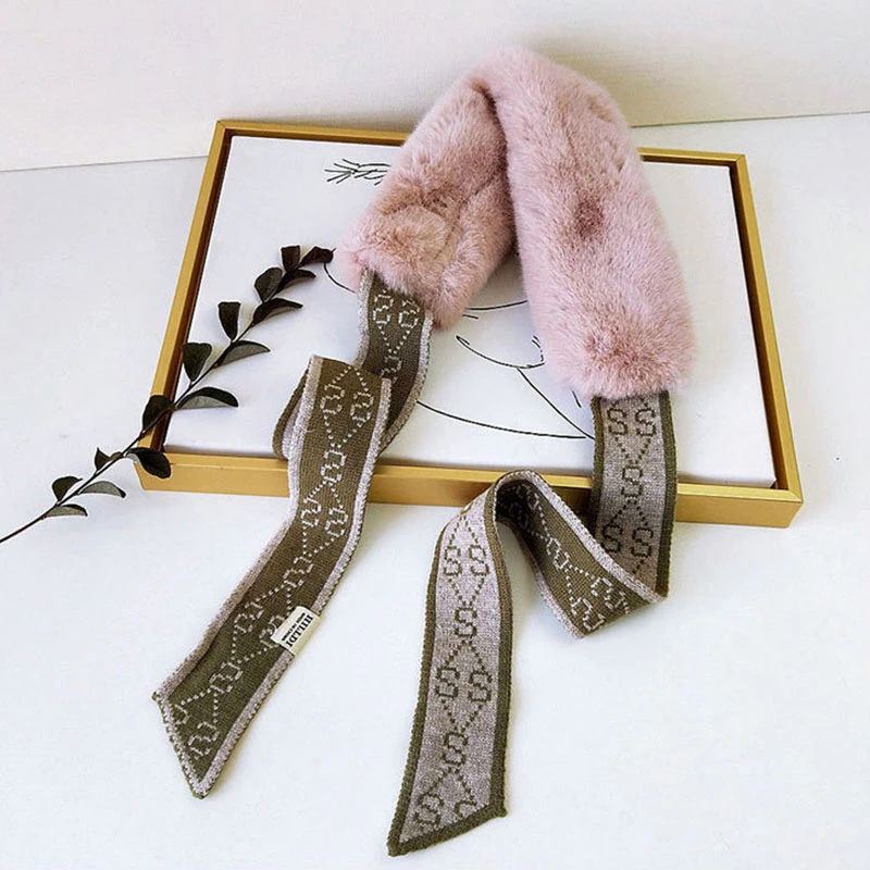 

Female Faux Fur Neck Warmer Long Skinny Knitting Crochet Knitted Scarves Neck Collar Scarves Geometric Patterns Plush Scarf