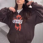 Женская винтажная толстовка с капюшоном, коричневая Повседневная однотонная Толстовка с длинным рукавом и принтом ангела, на молнии, Спортивная уличная одежда, большие размеры, Y2K