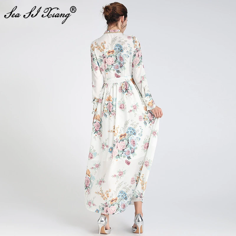 

Seasixiang Fashion Designer Summer Women's Maxi Dress Stand Collar Long Sleeve Ruffles Floral Print Long Dresses