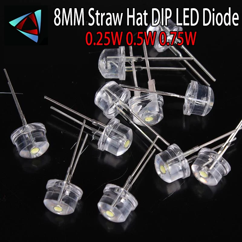 500PCS 8MM 0.25W 0.5W 0.75W Straw Hat Clear Warm White Green Red Blue Purple Yellow Orange Pink DIY Light Emitting Diode Set