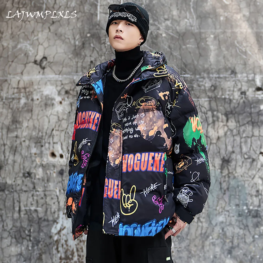 

Winter Thick Warm Jackets Streetwear Hip Hop Graffiti Ink Bear Print Cotton Padded Zipper Tie Dye Coat Harajuku Outwear