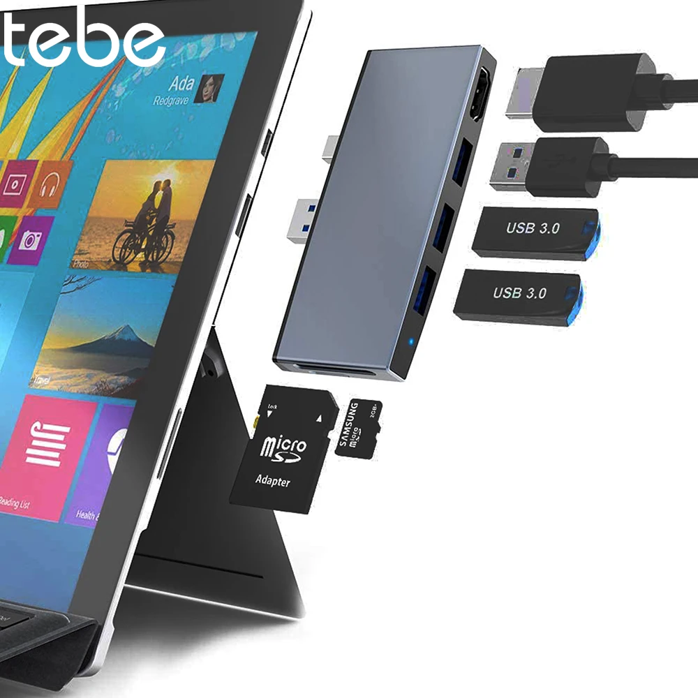 

tebe USB3.0 Hub Adapter for Microsoft Surface Pro 6/5/4 6 IN 1 USB to 4K HDMI-compatible Multi USB 3.0 SD/TF Card Reader Adapter