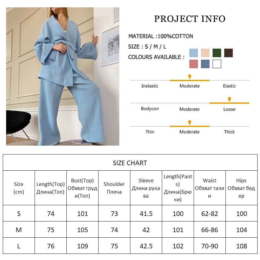 

Cotton Sleepwear Women Pajama Robe Sets Flare Sleeve Nightgown Set Woman 2 Pieces Robes Woman Lace Up Casual Trouser Suits