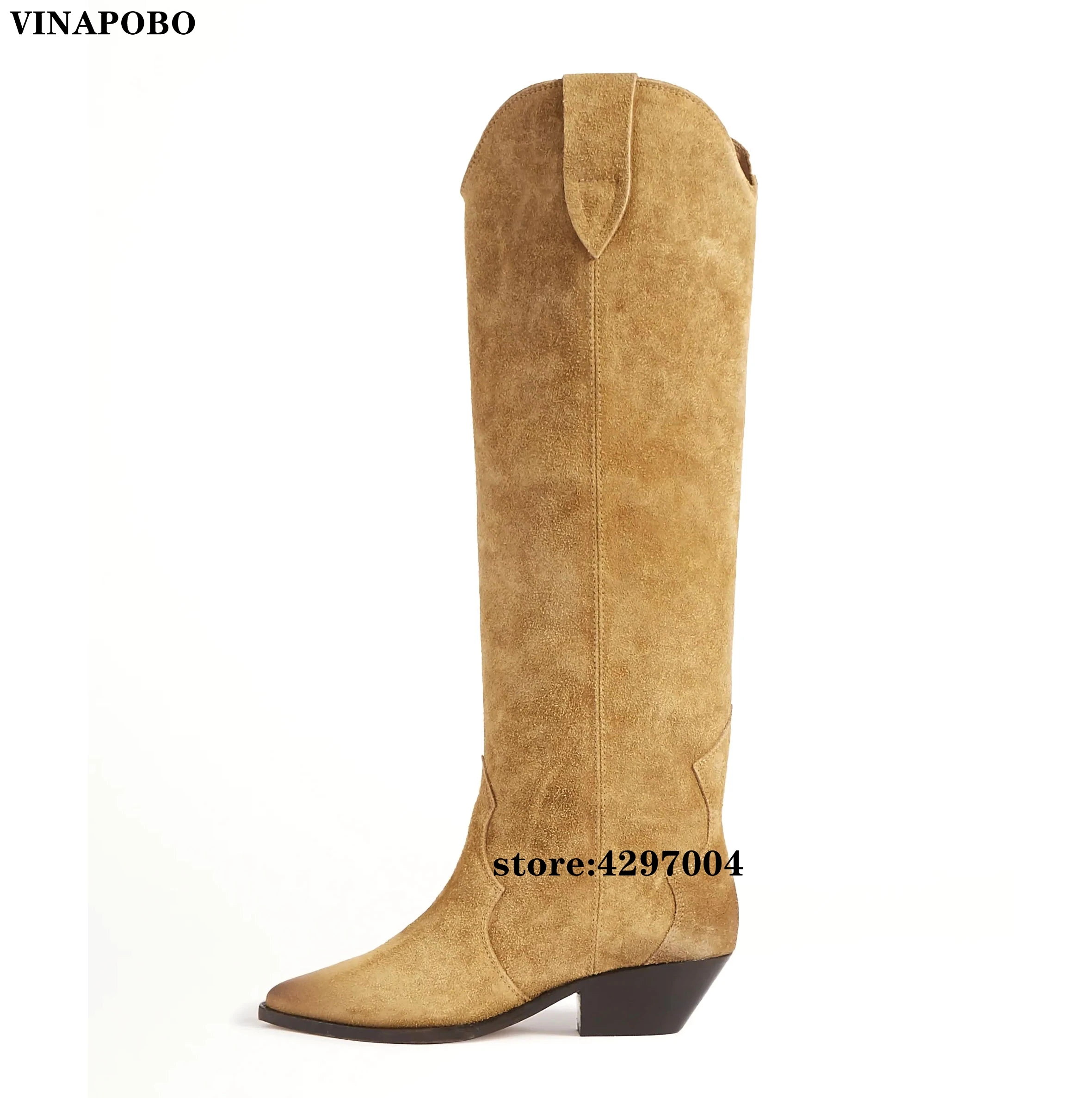 

VINAPOBO 2020 Cowboy Boots Pointed Toe Suede Genuine Leather Embroidered Knee High Boots Women Square Chunky Heels Knight Boots