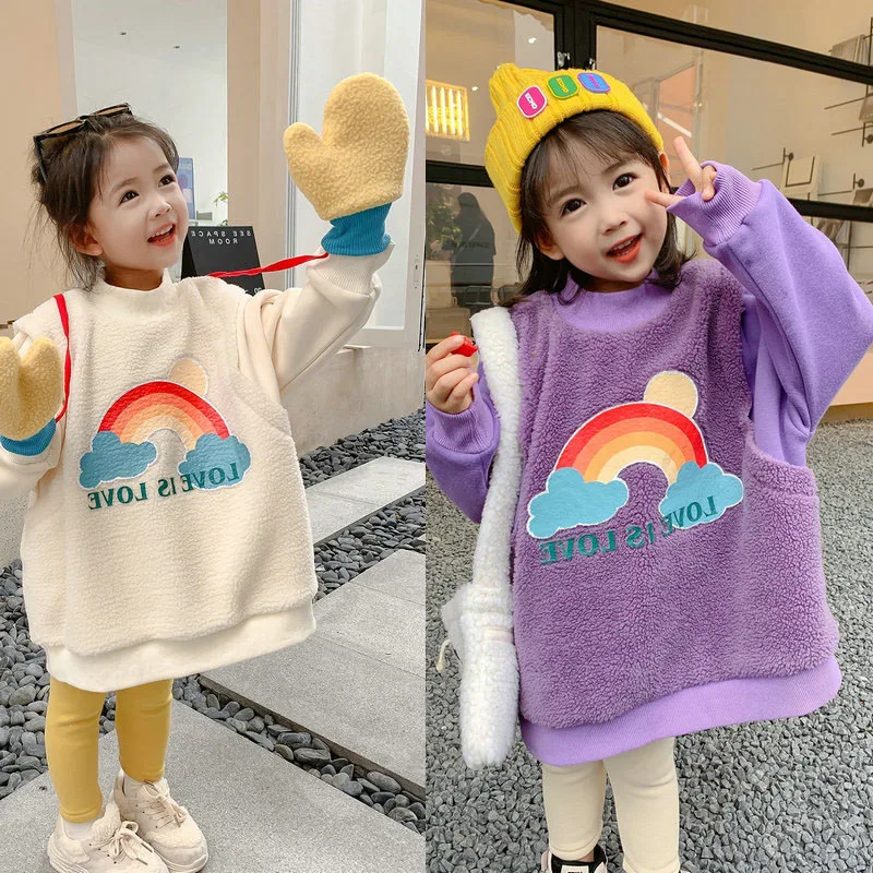 

Girls' sweatshirt rainbow lambswool thickened long tops skirt 2021 winter new children's clothing toddler girl winter clothes