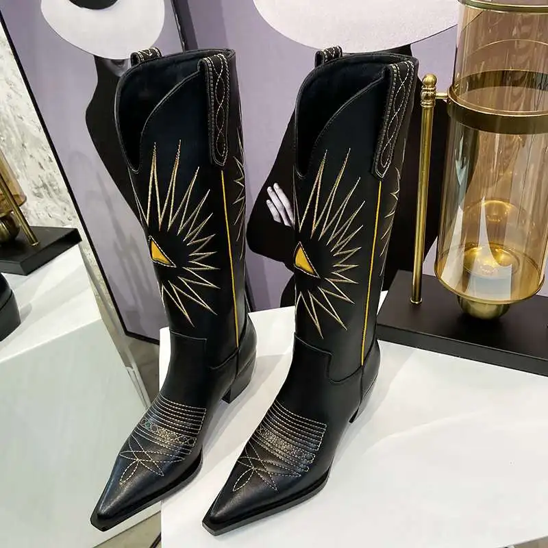 

Krazing pot new western boots small square toe high heel embroidery thread special design mature young lady knee-high boots L88