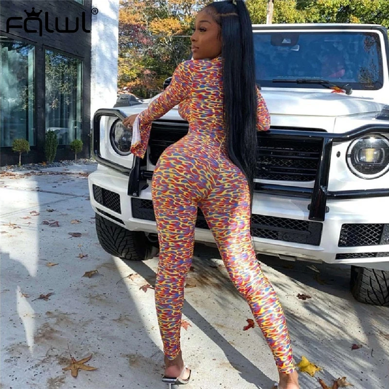 FQLWL в уличном стиле с принтом сексуальный бодикон комбинезон Для женщин