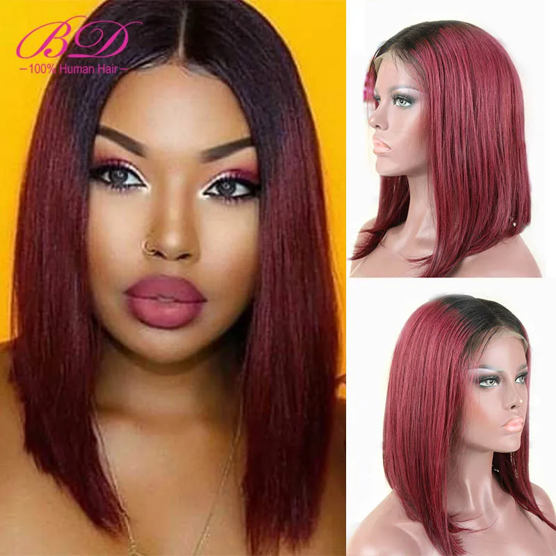 

1B/99J Burgundy Red Ombre Short Bob Lace Front Human Hair Wigs Pre Plucked 150 Density Straight Brazilian Remy Hair Wig