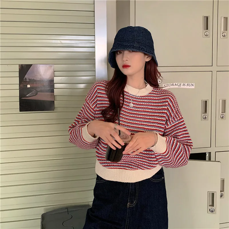 

Autumn And Winter New Sweater Korean Women's Striped Loose Round Neck Long Sleeve Pullover Casual Jersey Mujer Em*