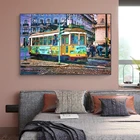 Лиссабон акварель городская улица автобус трамвай искусство холст печать картина Современные граффити Настенная картина гостиная украшение дома плакат