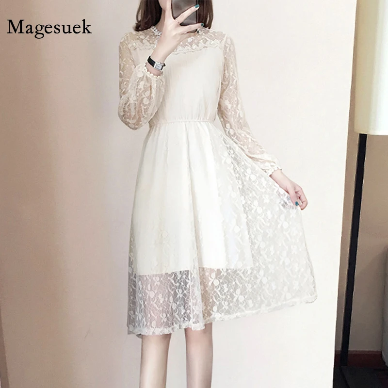 

С О-образной горловиной, весна кружевное платье Модная одежда в Корейском стиле, с отделкой бисером, Платье До Колена с цветочным рисунком в...