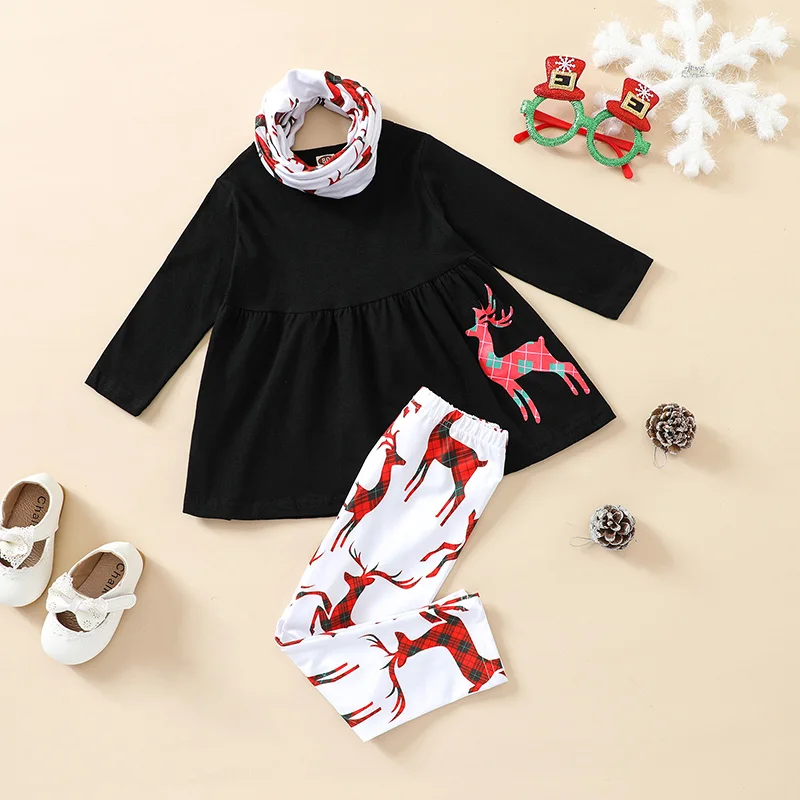 

6M-4T Toddler Girl Christmas Outfits Set 3Pcs Long Sleeve Reindeer Tops Pants Loop Scarf Set Infant Kids Newborn Baby Xmas Fall