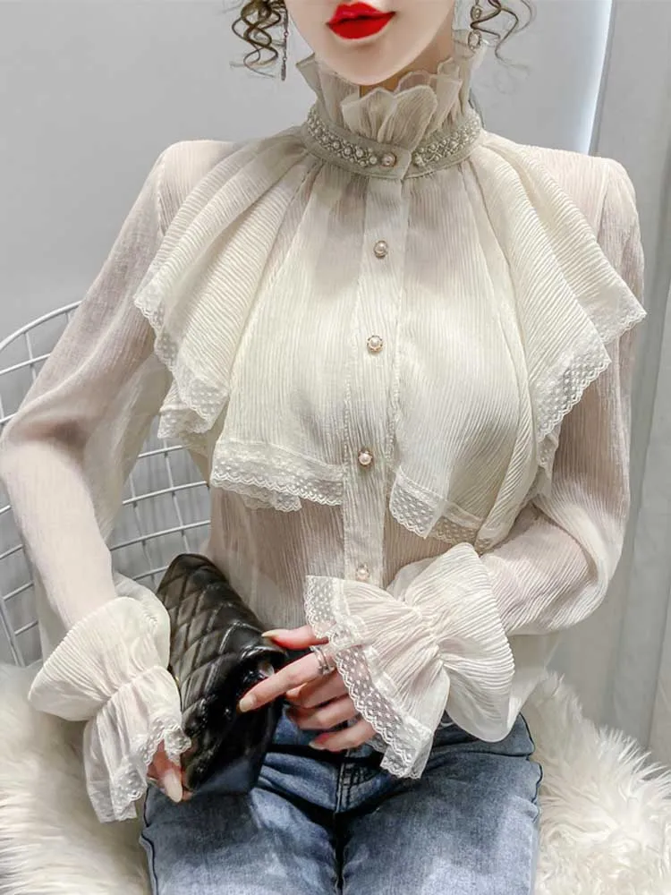 

Spring New Beads Stand Collar Chiffon Lady Blouse Women's Top Ruffled Dropshipping Elegant Long Sleeve Blouse