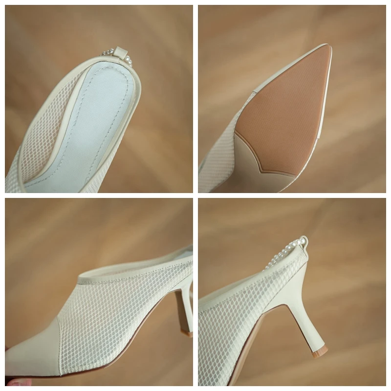 

ORCHA LISA New 2021 Women Sandals Pointed Toe 8cm High Thin Heels Mesh Genuine Leather Pearl Non-Slip Breathable Casual A3490