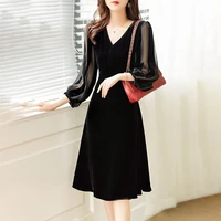 high end womens commuter solid color black 2021 early autumn new big silk velvet dress maxi dresses for women casual
