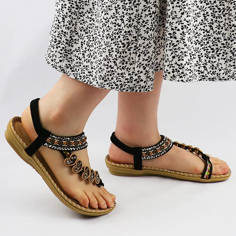 

2021 New Women Sandals Soft Crystal Flowers Print sandals High Quality Retro Elastic band Soft sandals women summer sandals