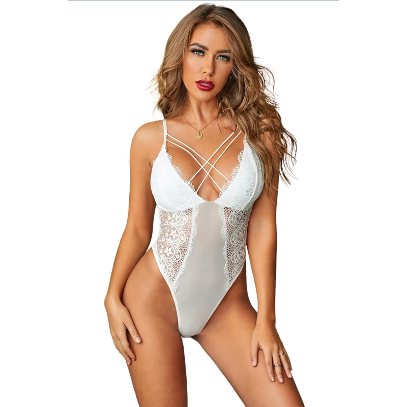 LUCKYFRIDAYF Sexy Black Criss Cross Cut out Lace Sexy Bodysuit Push Up Backless Shoulder Strap Women Jumpsuit Kombinezon Damski
