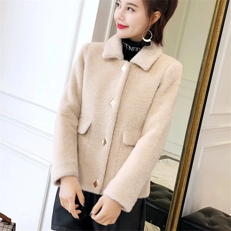 

Korean Winter Women Faux Mink Cashmere Woolen Coat Ladies Cardigan 4 Color Long Sleeve Big Pocket Thick Short Outerwear Female