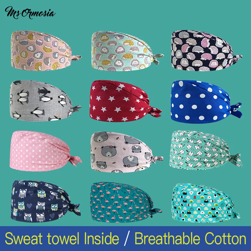 

Модная дышащая шляпа с мультипликационным принтом, регулируемая шапка-скраб для салона красоты, рабочая шапка, лаборатория, магазин домашн...