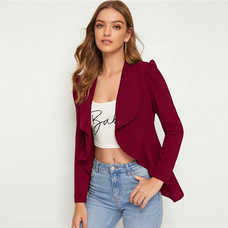 SHEIN сплошной водопад шеи асимметричный подол элегантный блейзер для женщин осень с пышными рукавами тонкий приталенный офисные женские куртки-блейзеры